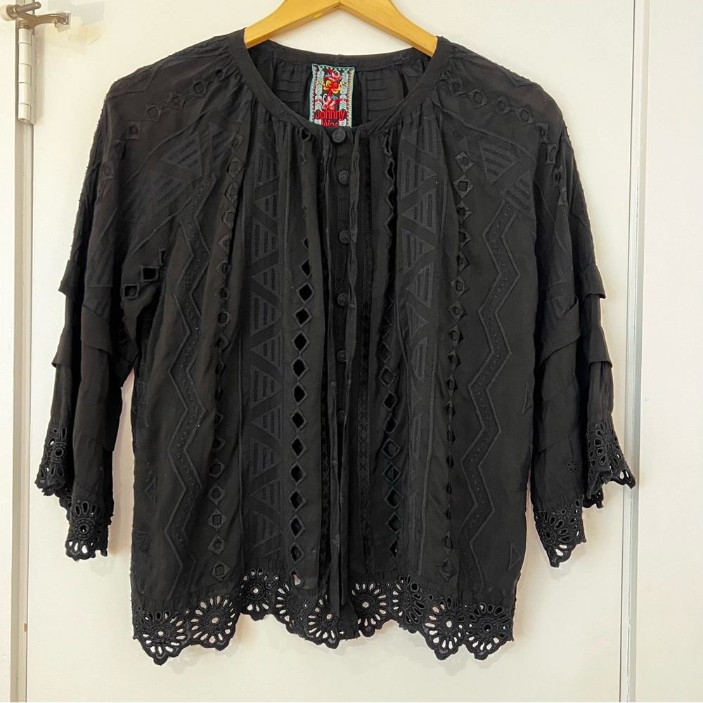 JOHNNY WAS Ari Eyelet Button Blouse in Black
